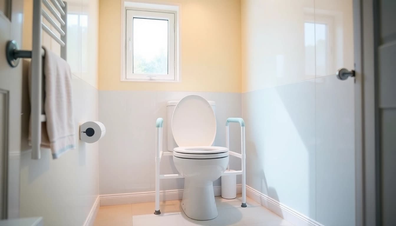 WC-Hilfe für Senioren mit ergonomischen Toilettenhilfen in einem hellen Badezimmer.
