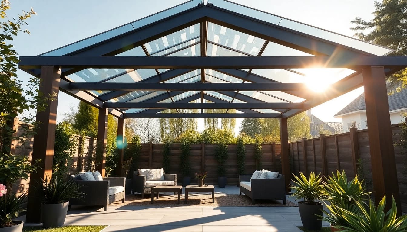 Hier klicken und informieren ueber modernem Terrassenueberdachung im ruhigen ungarischen Garten.