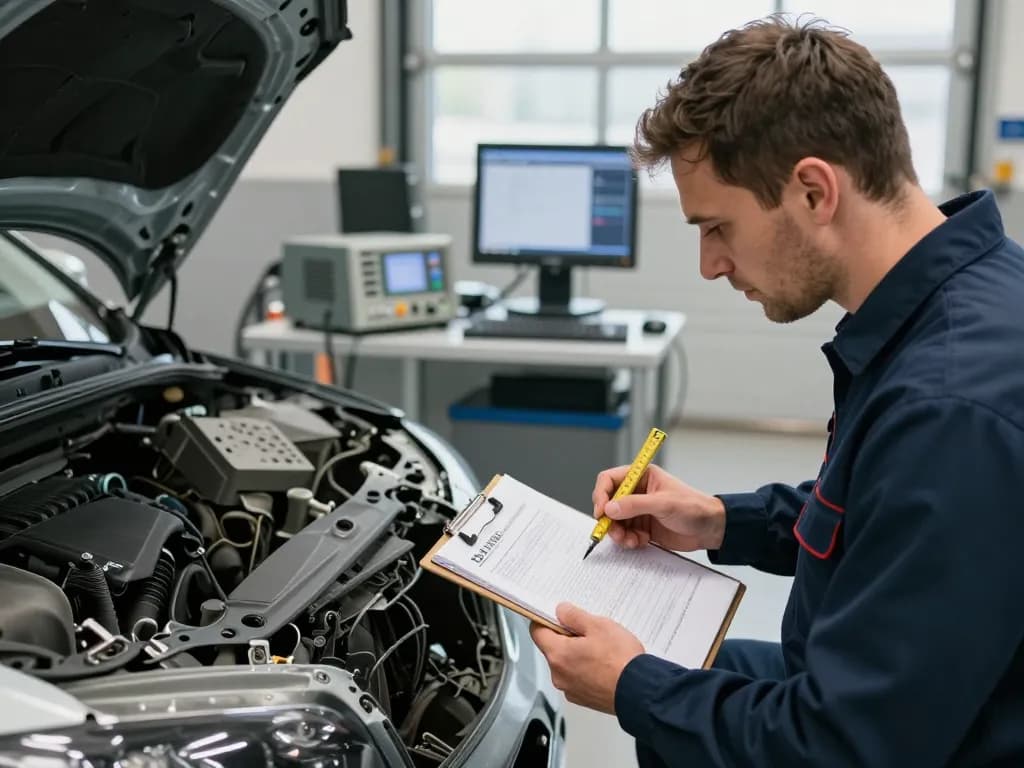 Experte kfz gutachter bewertet beschädigtes Fahrzeug in professioneller Garagenumgebung.