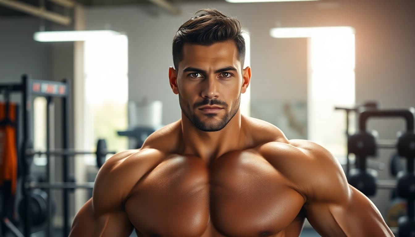 Sustanon kaufen für Muskelaufbau: Athlet im Fitnessstudio mit Gewichten.