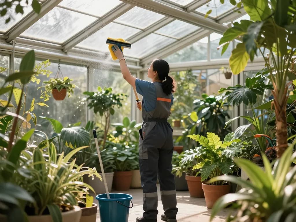 Professionelle Wintergartenreinigung in Münster zeigt einen Reiniger, der für funkelnde Glasdächer und üppige Pflanzen sorgt.