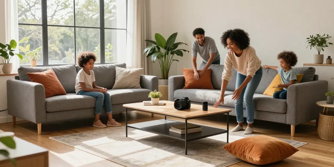 Charmantes Wohnzimmer mit günstigen Möbeln online, stylischer Sofa und Kaffeetisch.