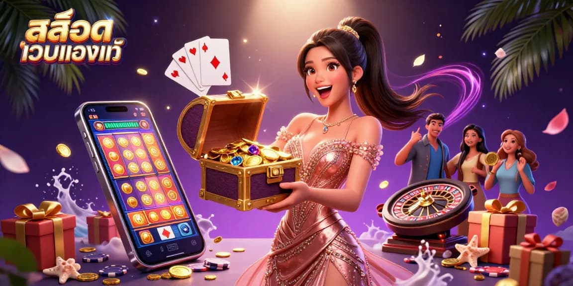 Win at สล็อตเว็บตรงแท้ with an exciting treasure-filled scene of jackpots and slot games!