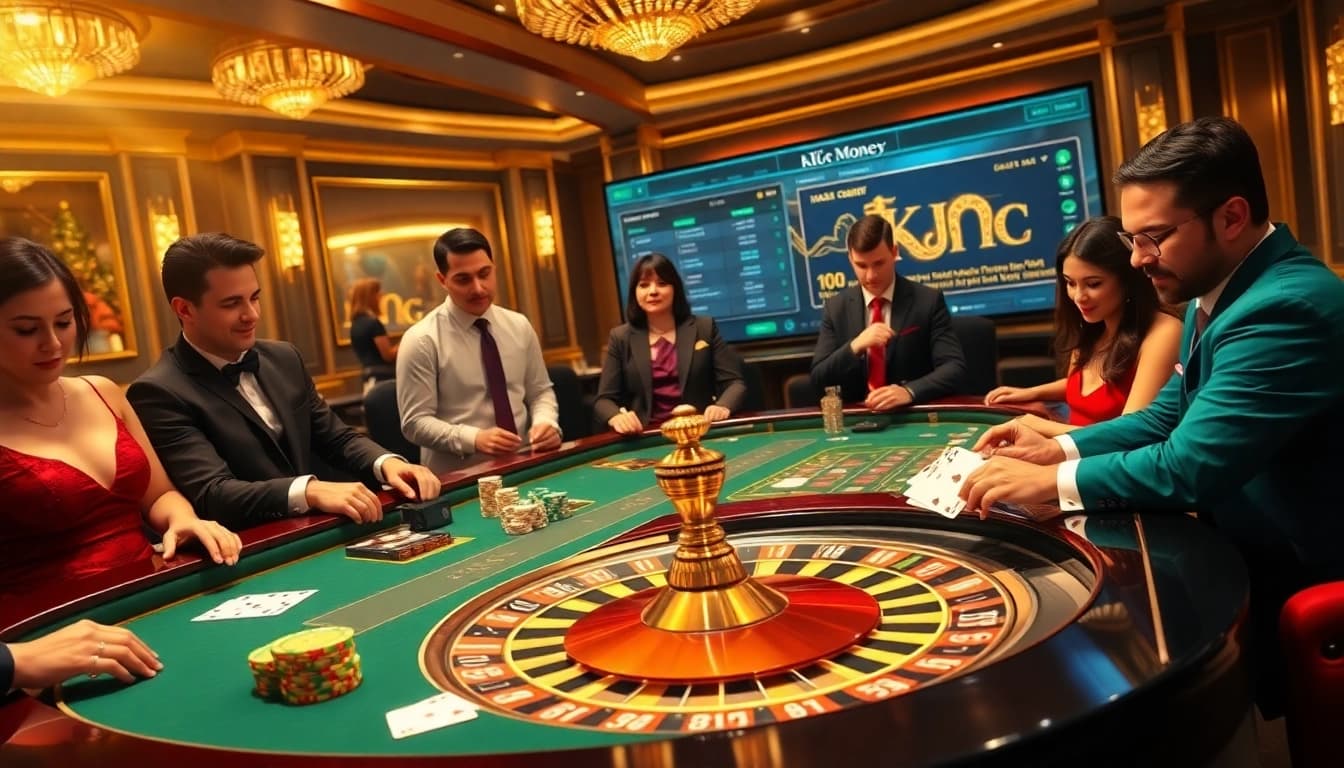 Experience thrilling gambling action at https://kjc.money/ with vibrant cards and poker chips in a luxurious casino setting.