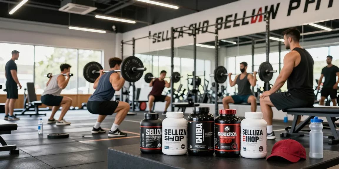 Personen im Fitnessstudio während des Trainings, die Produkte von Selliza Shop nutzen.