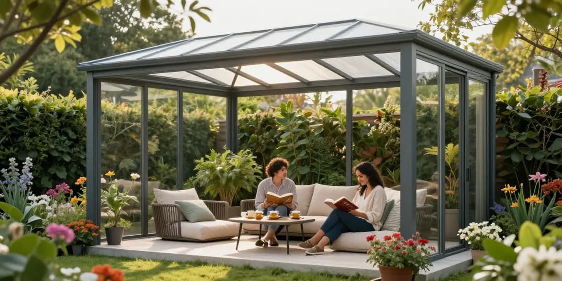 Genießen Sie den Outdoor-Lifestyle mit einer freistehenden Terrassenüberdachung, umgeben von einem blühenden Garten.