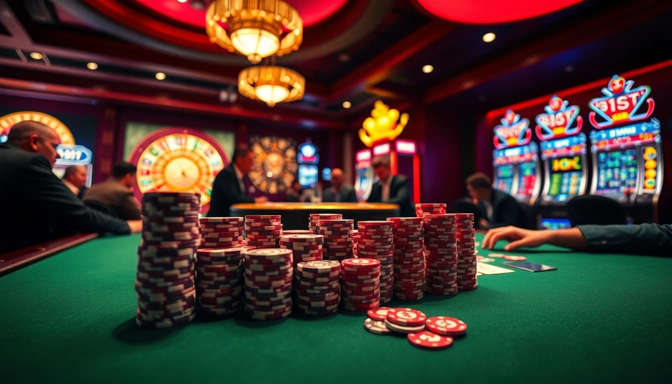 Engaged players showcase BDTK1 strategies at a vibrant poker table in a luxury casino.