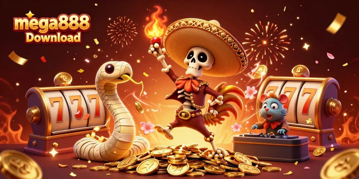 Experience the thrill of mega888 download with vibrant characters dancing among slot symbols.