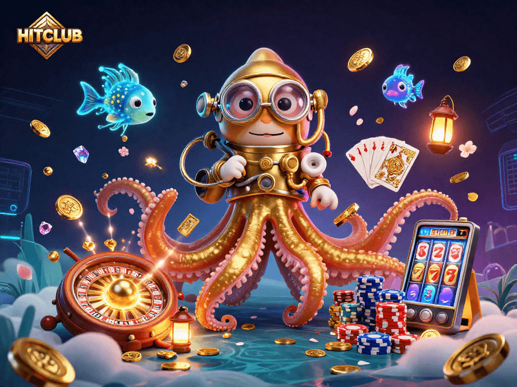 Engage with HITCLUB's colossal kraken in this vibrant casino-themed digital artwork, showcasing thrilling gambling elements.
