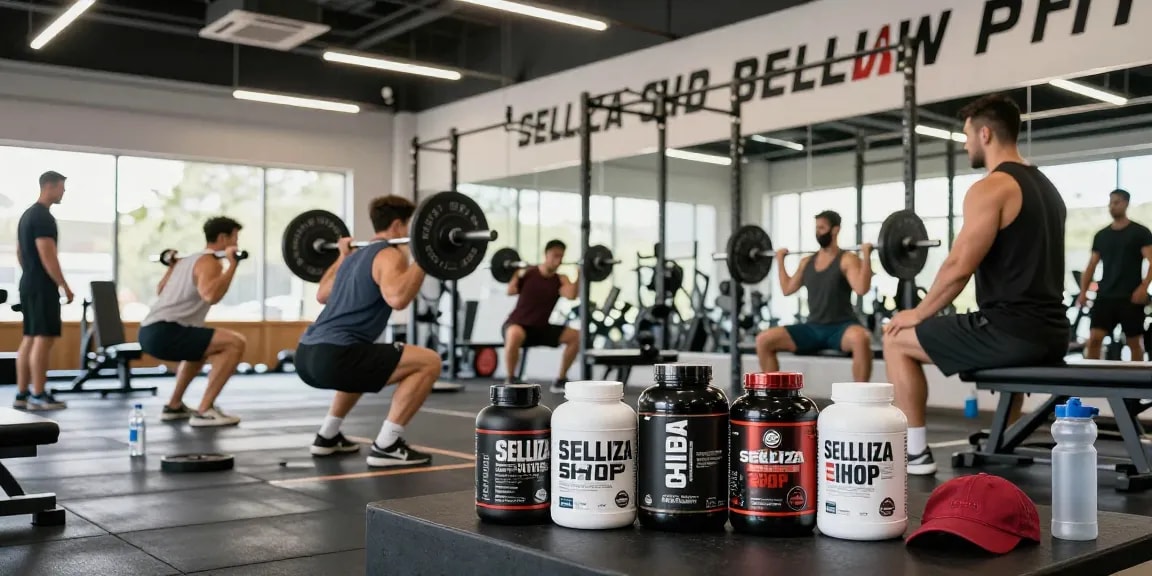 Personen im Fitnessstudio während des Trainings, die Produkte von Selliza Shop nutzen.