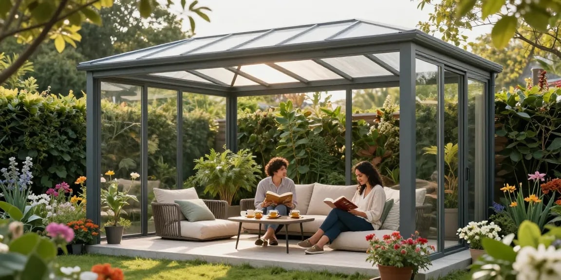 Genießen Sie den Outdoor-Lifestyle mit einer freistehenden Terrassenüberdachung, umgeben von einem blühenden Garten.