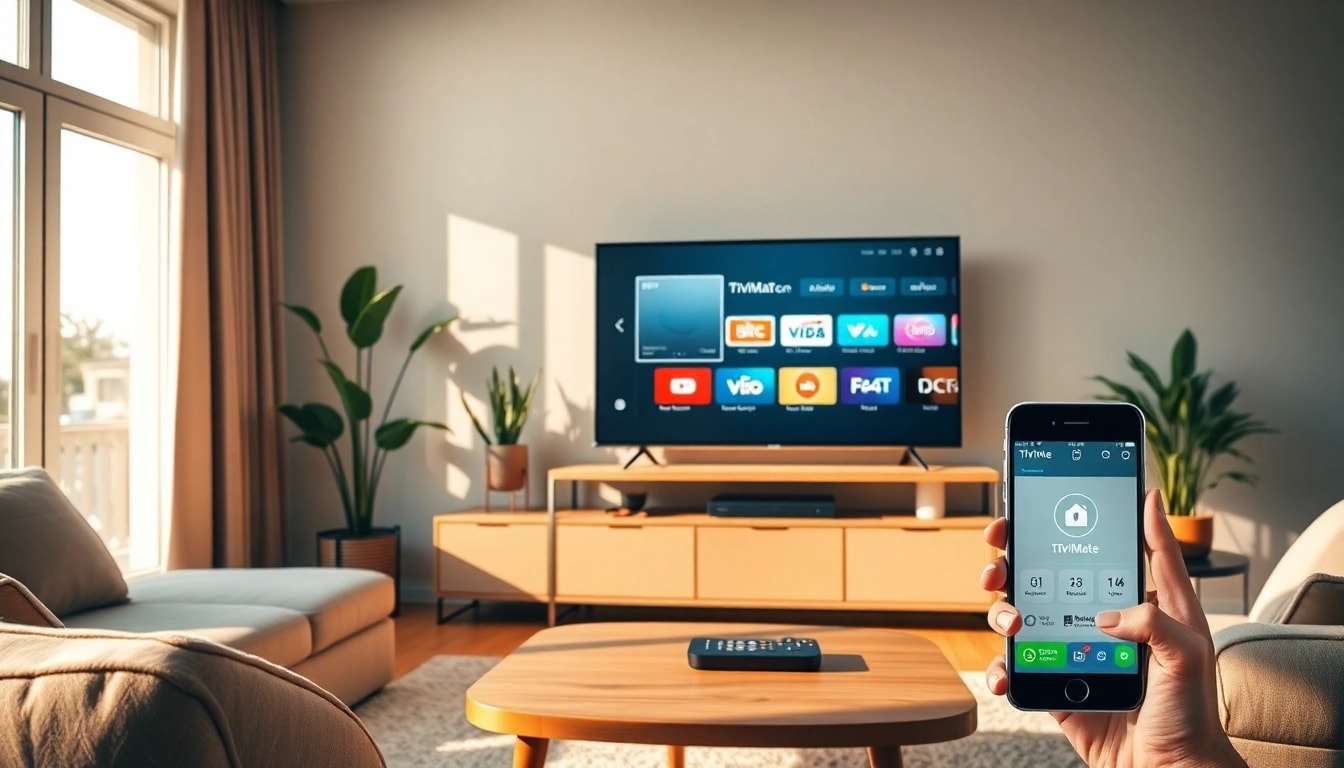 TiviMate IPTV Anleitung auf einem modernen Fernseher in einer gemütlichen Wohnzimmereinrichtung.