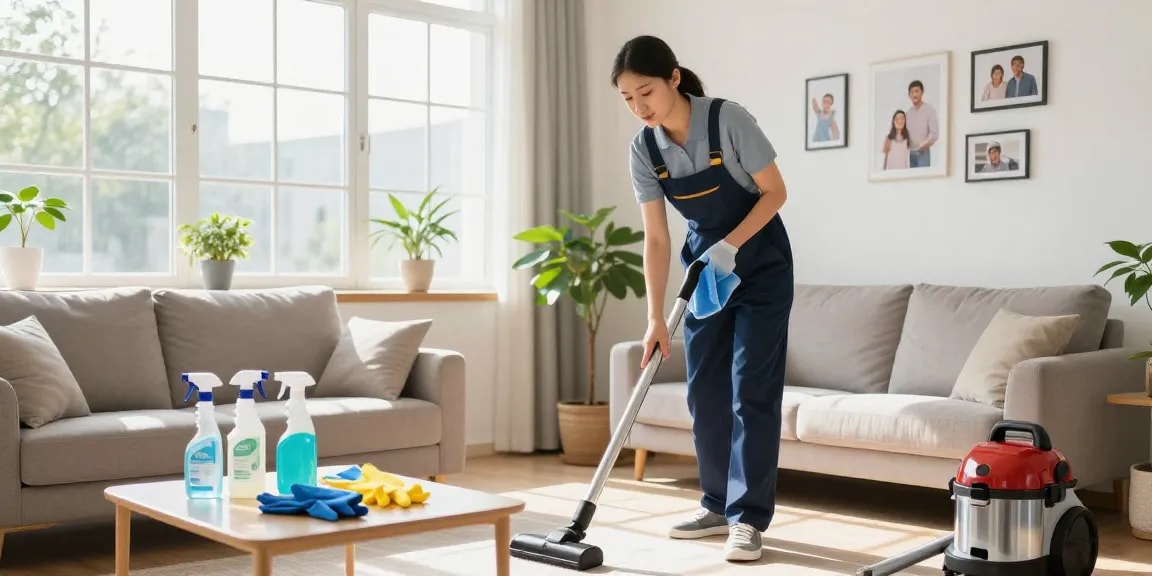 Professional cleaning service in action showcasing reinigungsdienst bern with eco-friendly supplies in a bright living room.