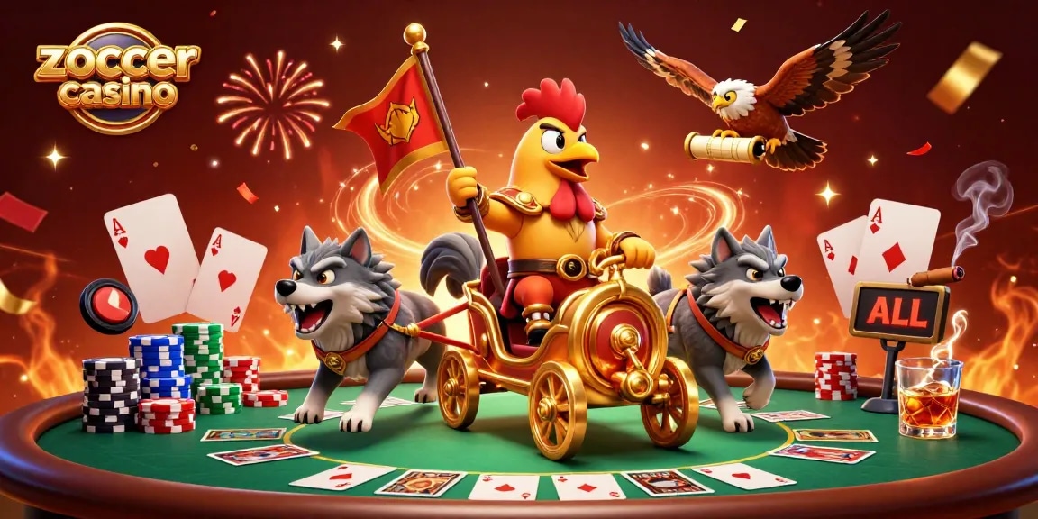 Experience thrilling gameplay at Zoccer Casino with vibrant poker and celebratory elements.