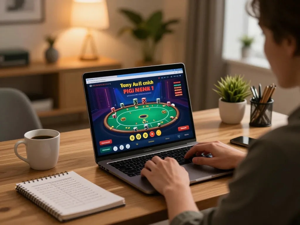 NoHu app displaying exciting poker gameplay while managing bankroll in stylish home office