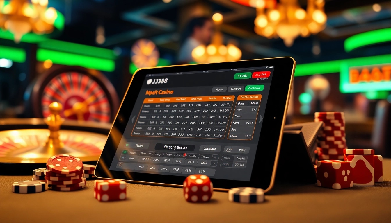 Experience the thrill of BJ388 online betting with luxurious casino visuals and exciting gaming elements.