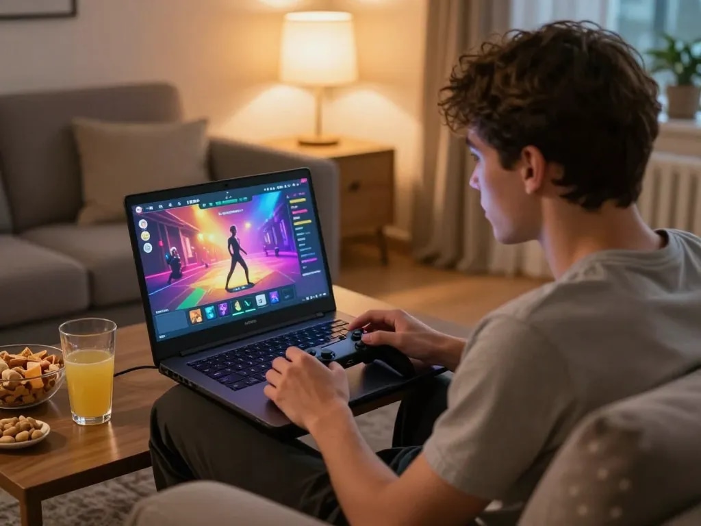 Playing a free sex game on a laptop in a cozy living room with snacks and vibrant lighting.