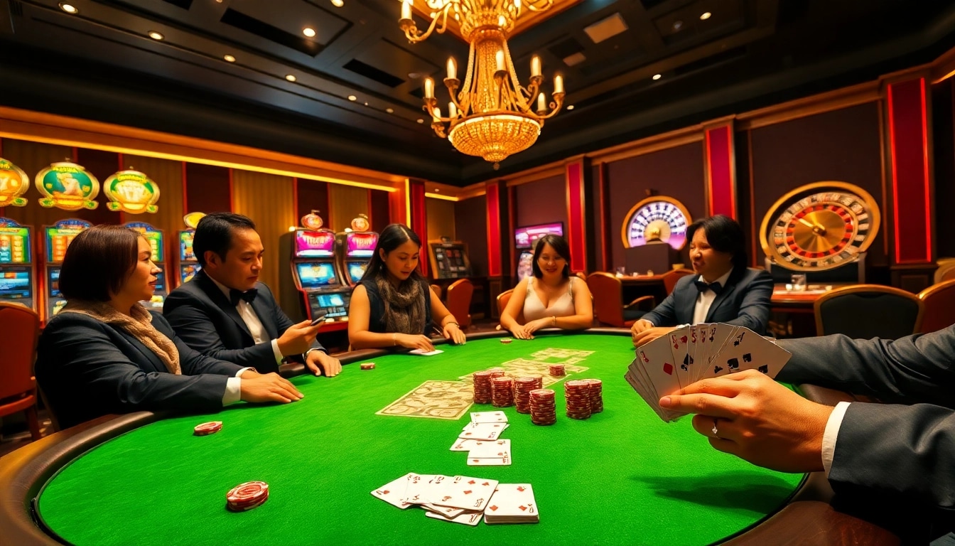 Engaging in a gamebaidoithuong poker match at a luxurious casino table, filled with excitement.