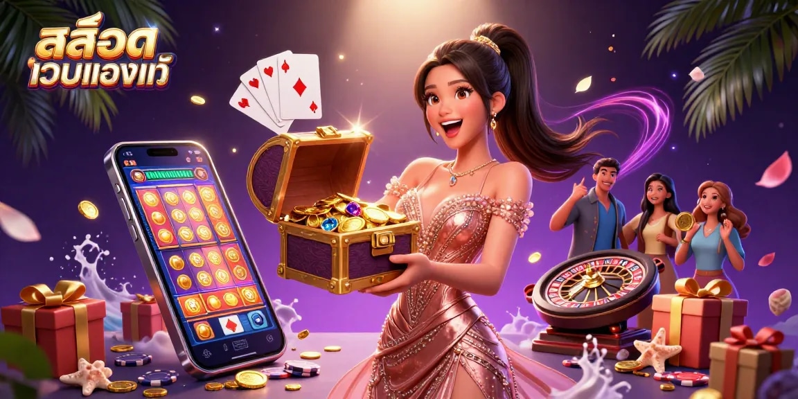 Win at สล็อตเว็บตรงแท้ with an exciting treasure-filled scene of jackpots and slot games!