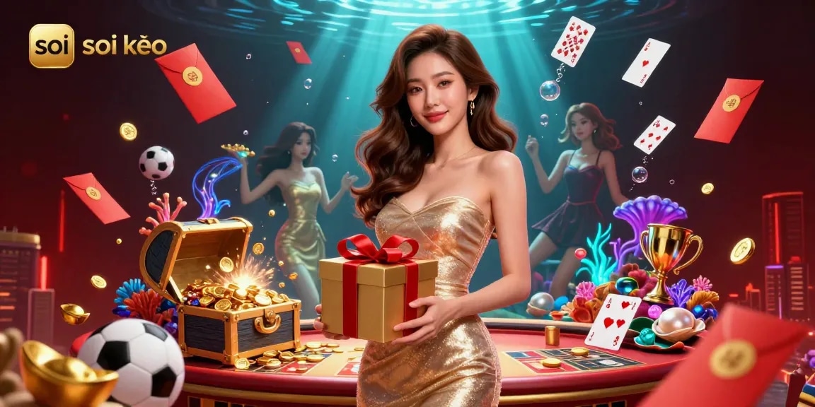 Soi kèo sports betting scene featuring an elegant Asian woman with coins and festive decorations.