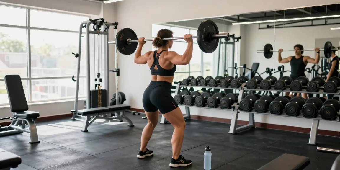 Person im Anabolika Shop Training mit Gewichten in modernem Fitnessstudio für Muskelaufbau.