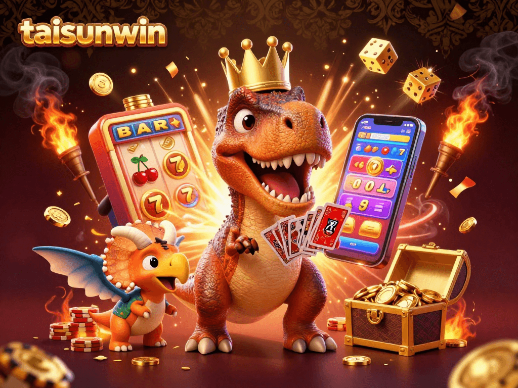 Experience the thrill with taisunwin as a T-Rex and friends play casino games amid jackpot excitement.