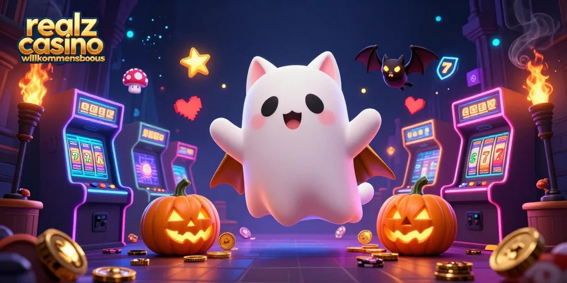Illustration des realz casino willkommensbonus mit einem schwebenden gespenstischen Kätzchen und einem Vampirfledermaus-Begleiter in einer schaurigen Casino-Mansion.
