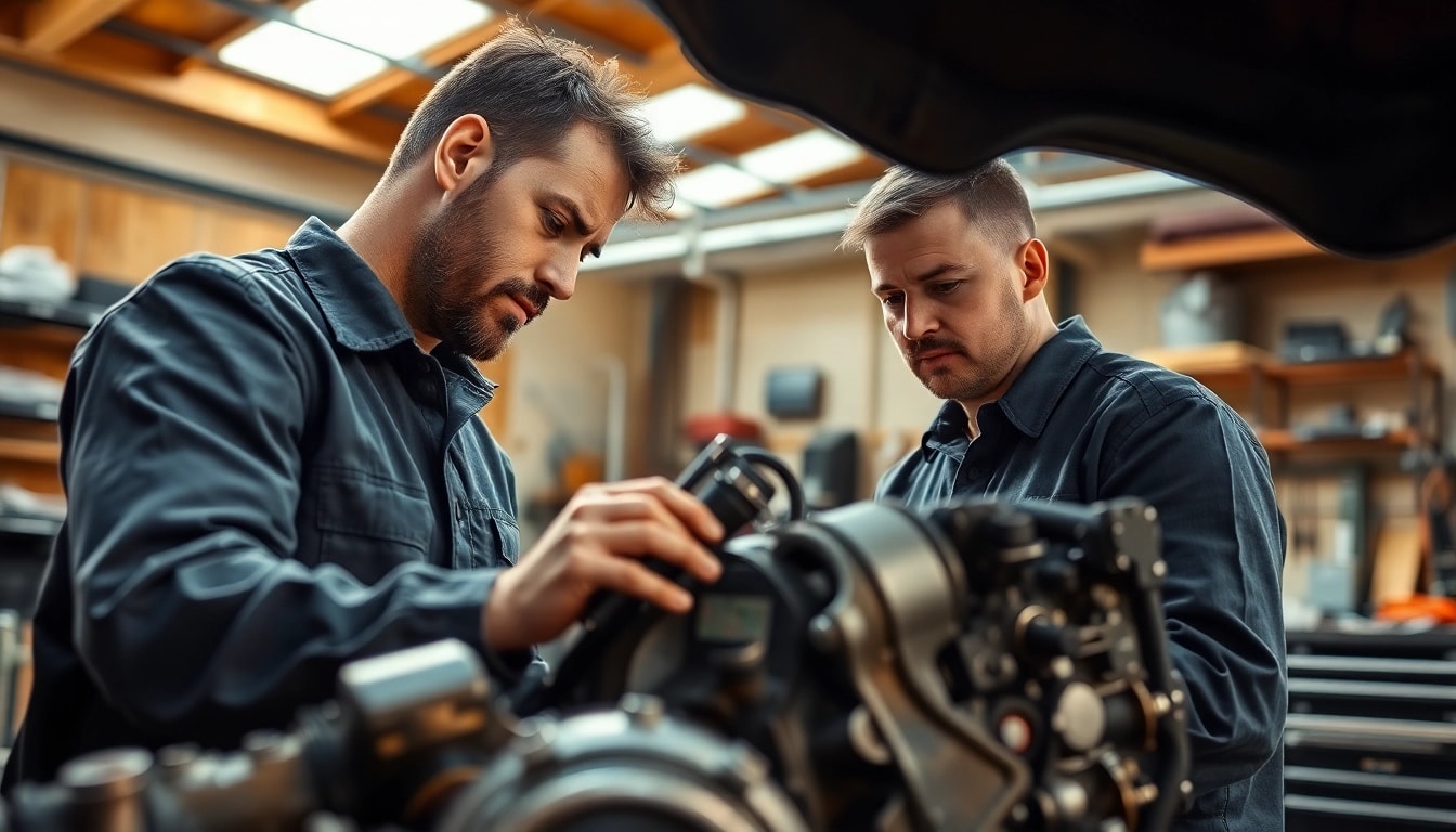 Motorschaden Ankauf: Mechanic assessing a damaged engine with tools in a well-lit workshop.