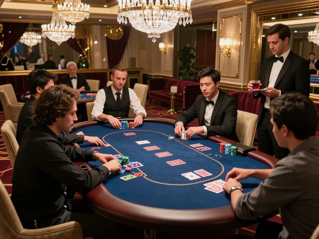 Engaging poker players in a luxurious casino setting featuring 33WIN strategies for high stakes