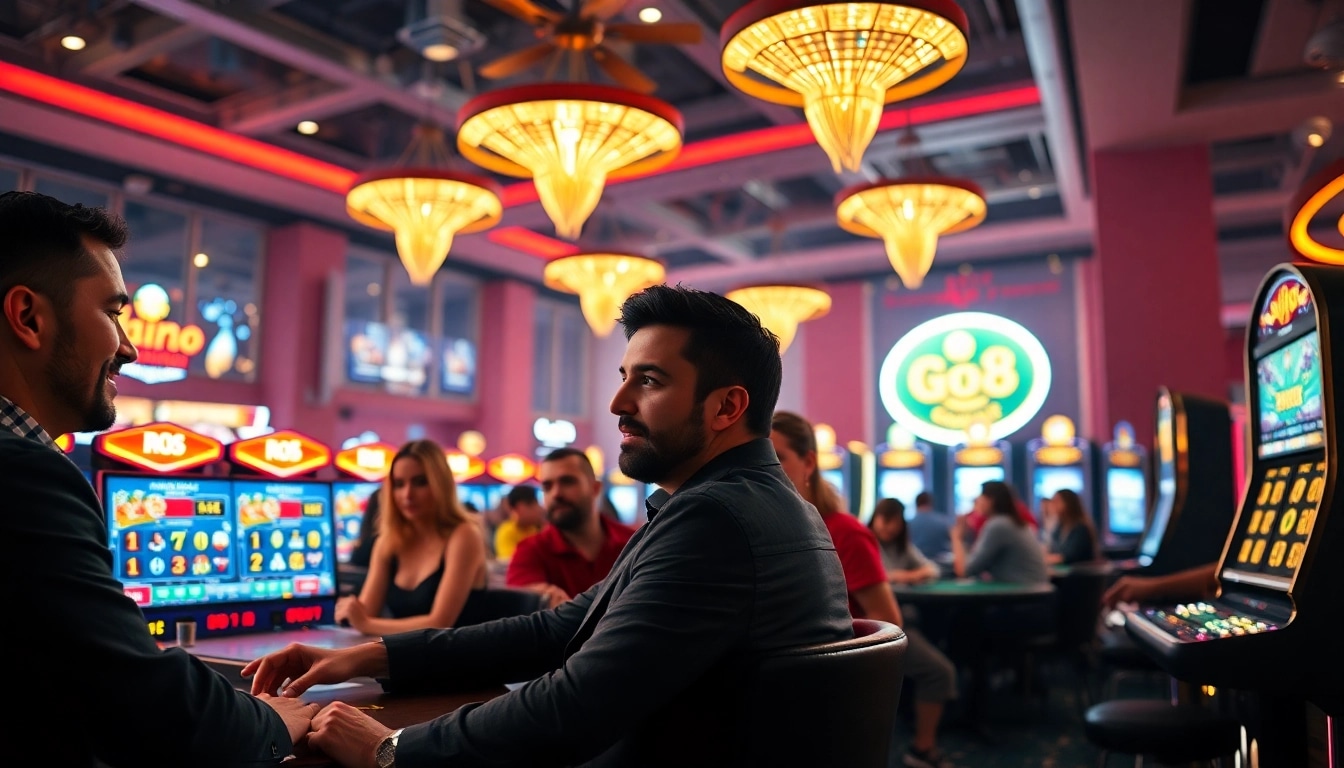Exciting online gaming at Go8 casino with players enjoying poker and slot games.
