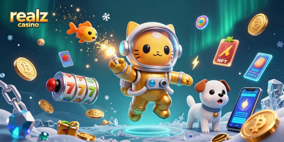 Join the fun at realz casino with exciting slot reels and crypto elements in a vibrant 3D scene.