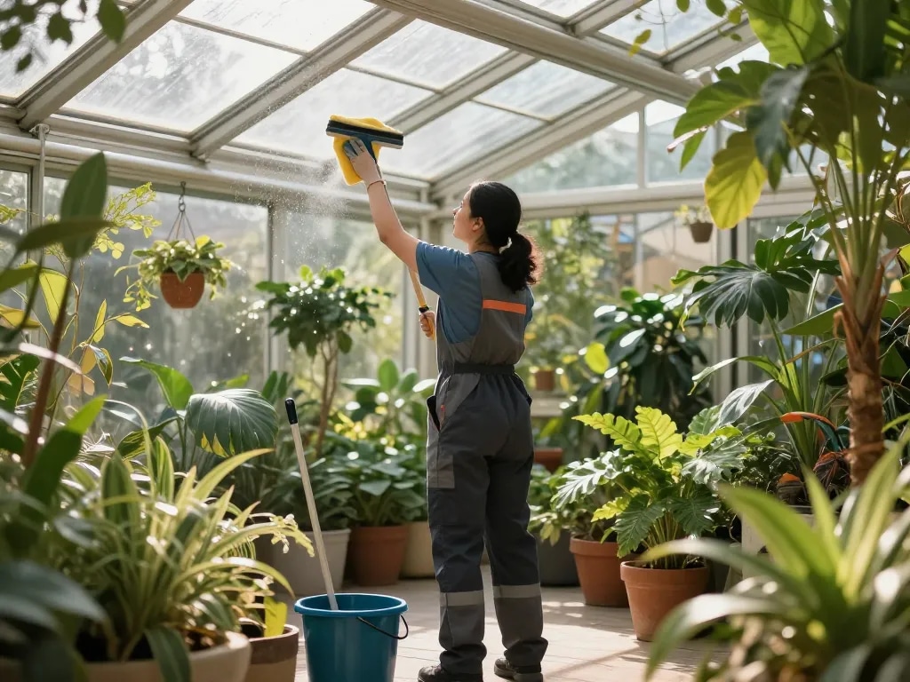 Professionelle Wintergartenreinigung in Münster zeigt einen Reiniger, der für funkelnde Glasdächer und üppige Pflanzen sorgt.