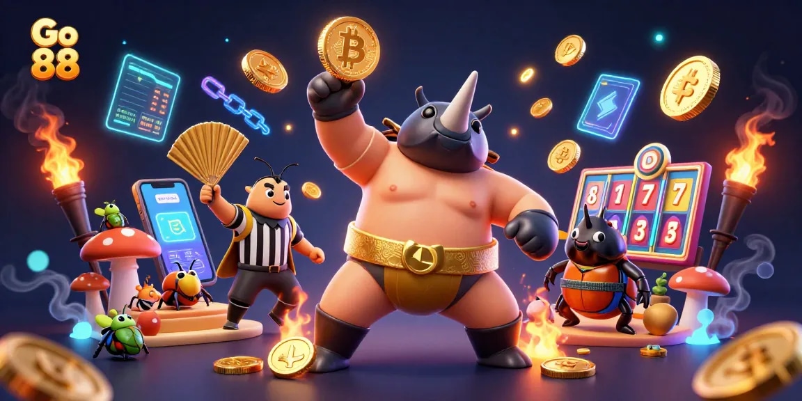 Win big with Go 88 as the sumo beetle champion stomp coins in vibrant 3D casino realm.