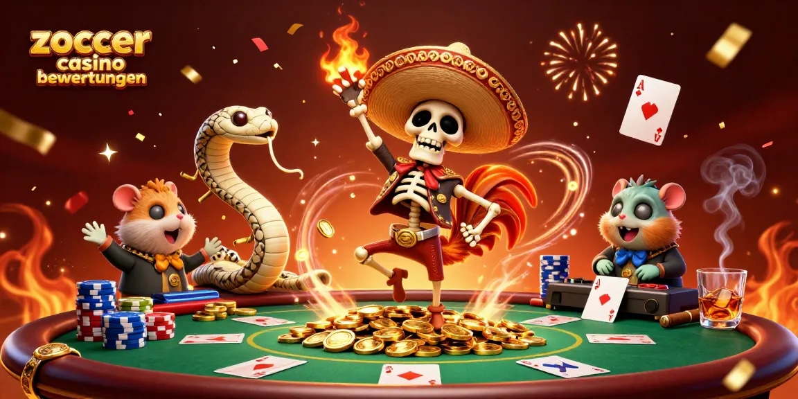 Zoccer casino bewertungen: Victory dance scene featuring a skeleton mariachi rooster and a mummy snake DJ amidst casino elements.
