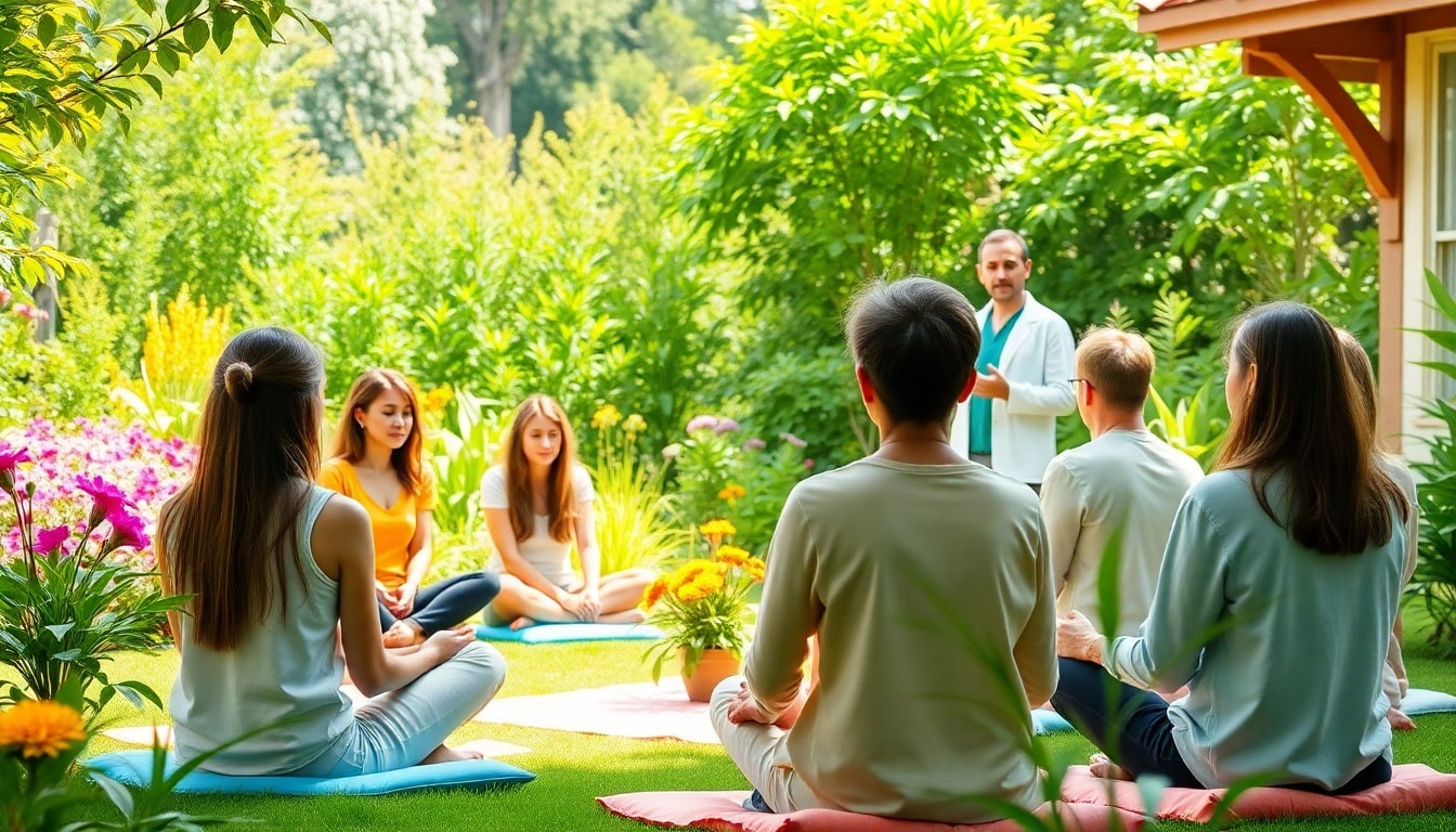 In einem Heiler Seminar Live sind Teilnehmer aktiv am Lernen mit einem fokussierten Referenten in einem Garten.