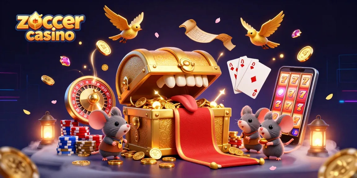Zoccer casino brings excitement to life with a vibrant 3D illustration featuring treasures and games.