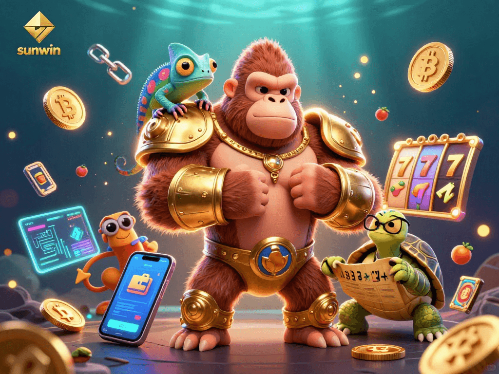 Experience thrilling casino action with sunwin's vibrant 3D digital illustration of characters amidst slot reels and crypto coins.