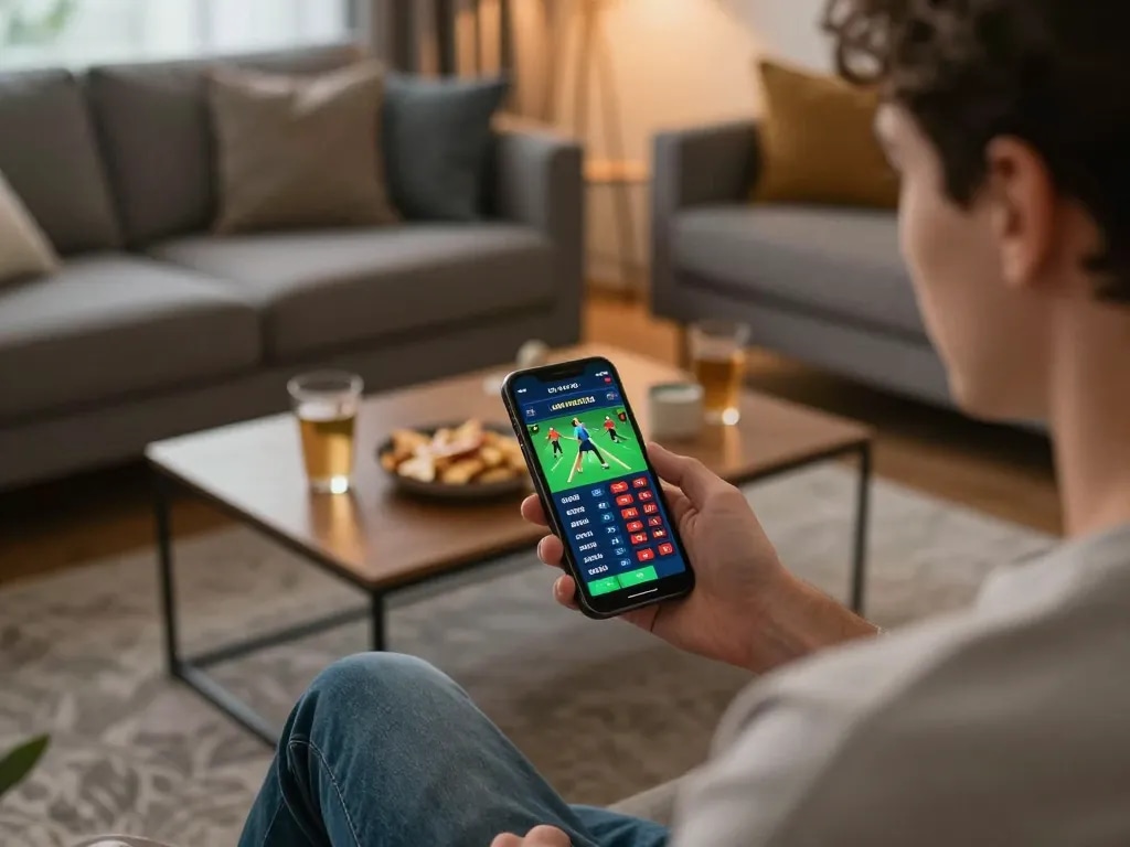 User placing a bet using online Plagiat Scan service on smartphone in cozy home setting.