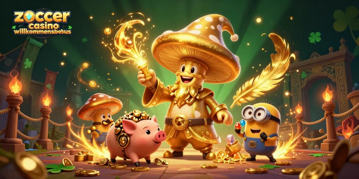 Erlebe den Zoccer Casino Willkommensbonus mit einem goldenen Zauberer und blühenden Casino-Symbolen.