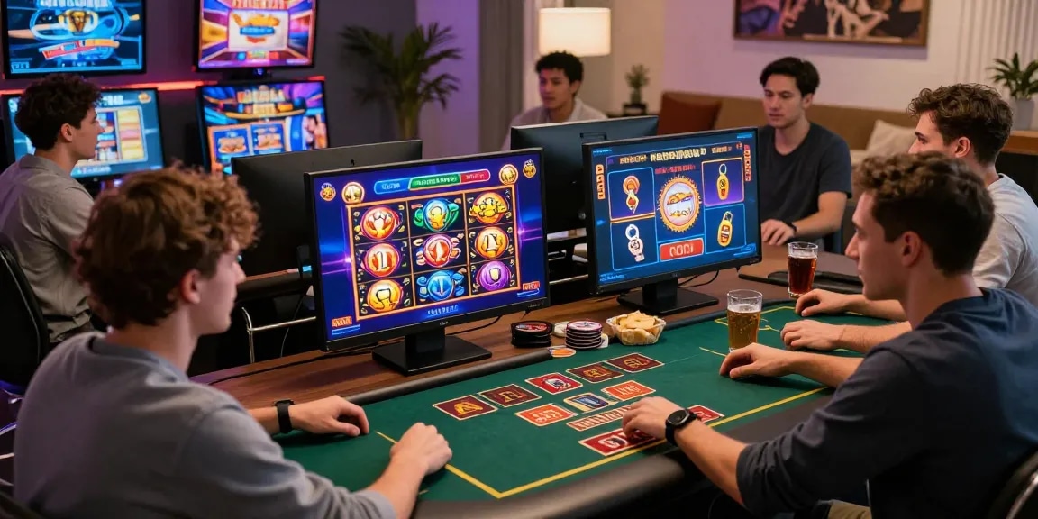 Engaging online gambling scene showing friends playing สล็อตเว็บตรง games with vibrant visuals.