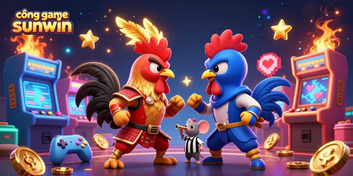 Engage in cổng game sunwin with twin cartoon roosters in a dynamic casino showdown, vibrant arcade elements around.