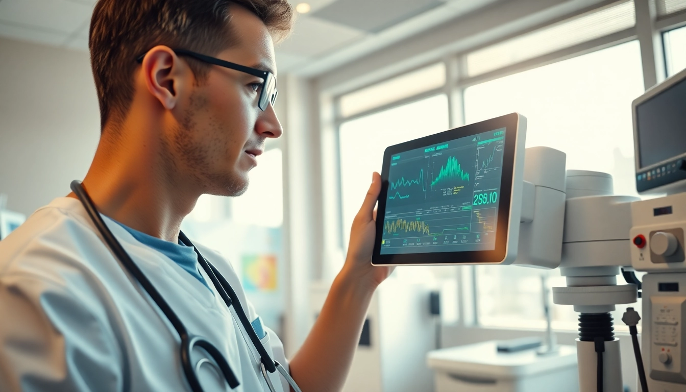 Eine professionelle medizinische Fachkraft analysiert Geräte von deus medical in einer modernen Klinik.