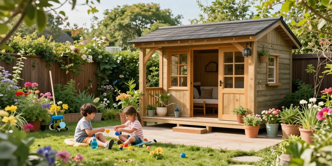 Traumhaftes Garten Haus umgeben von Blumen und einer spielenden Familie im Garten.