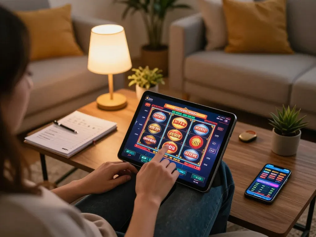 Player enjoying online slots at home on sc88e app, showcasing vibrant graphics and strategic notes.