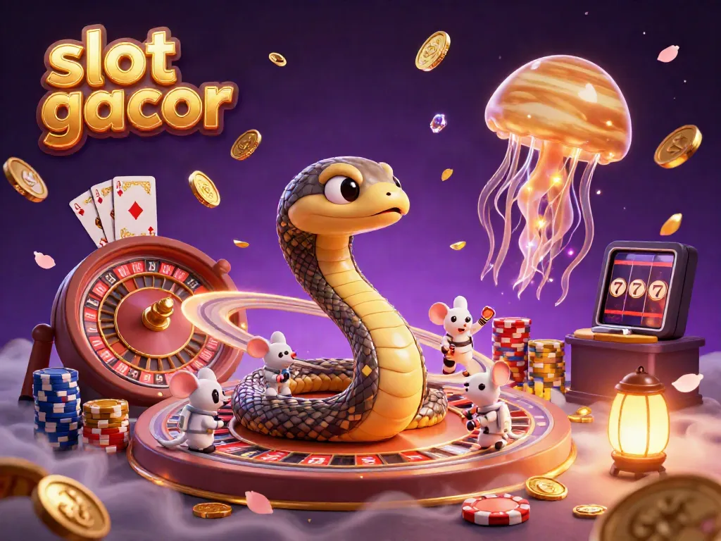 Experience slot gacor excitement with a cartoon Saturn snake, sparkling coins, and lucky astronauts betting.