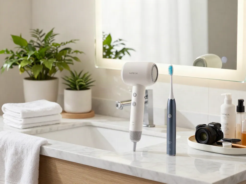 Luxuriöse Laifen de Haartrockner und elektrische Zahnbürste in einem modernen Badezimmer.