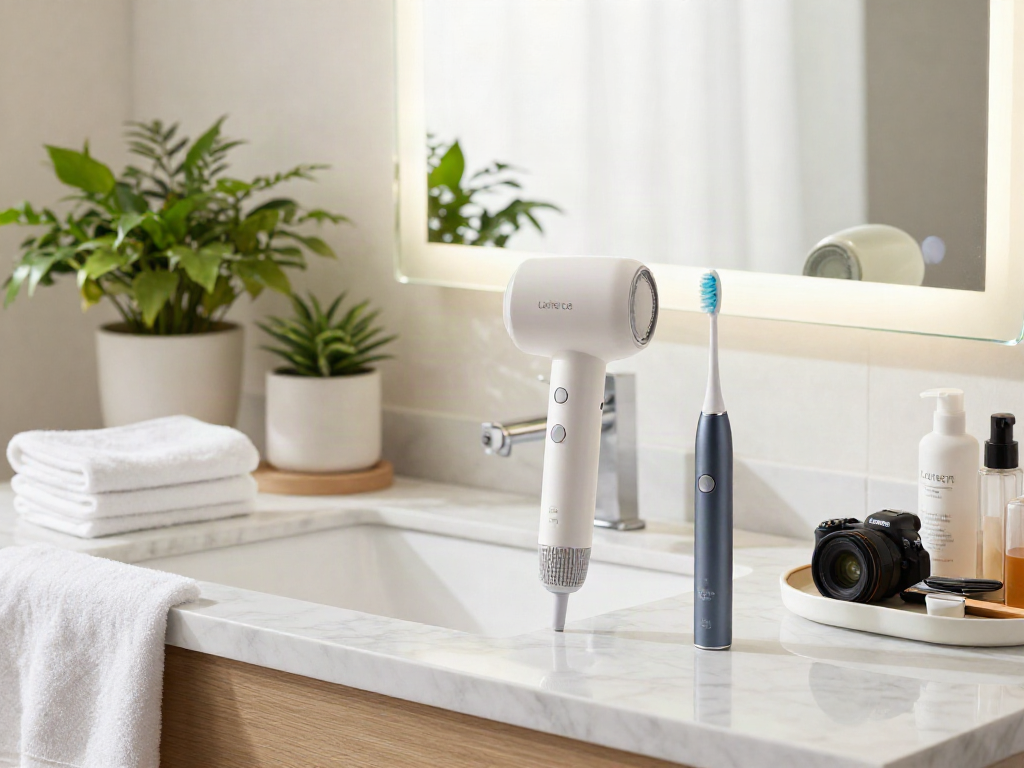 Luxuriöse Laifen de Haartrockner und elektrische Zahnbürste in einem modernen Badezimmer.