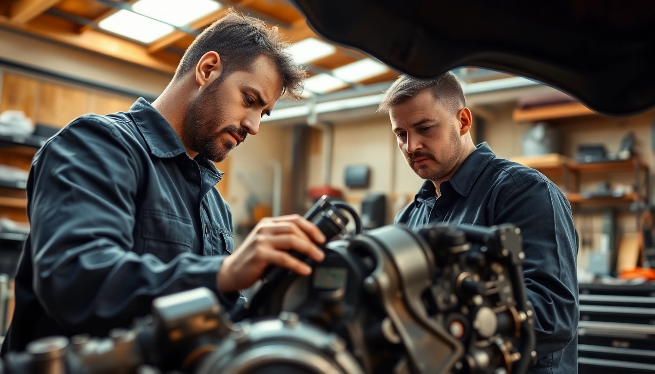 Motorschaden Ankauf: Mechanic assessing a damaged engine with tools in a well-lit workshop.