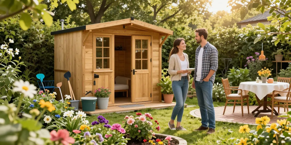 Gartenhaus kaufen: Glückliches Paar entdeckt Garten mit einem wunderschönen Gartenhaus im Hintergrund.