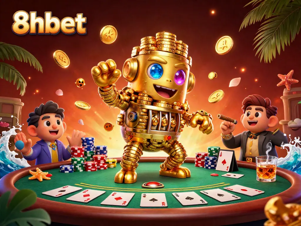 Engage with exciting 8xbet betting via mesmerizing golden golem surrounded by poker elements.